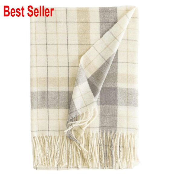 Accessories - Oversized Cashmere Feel Plaid Scarf Elegant Winter Wrap Shawl Fringed